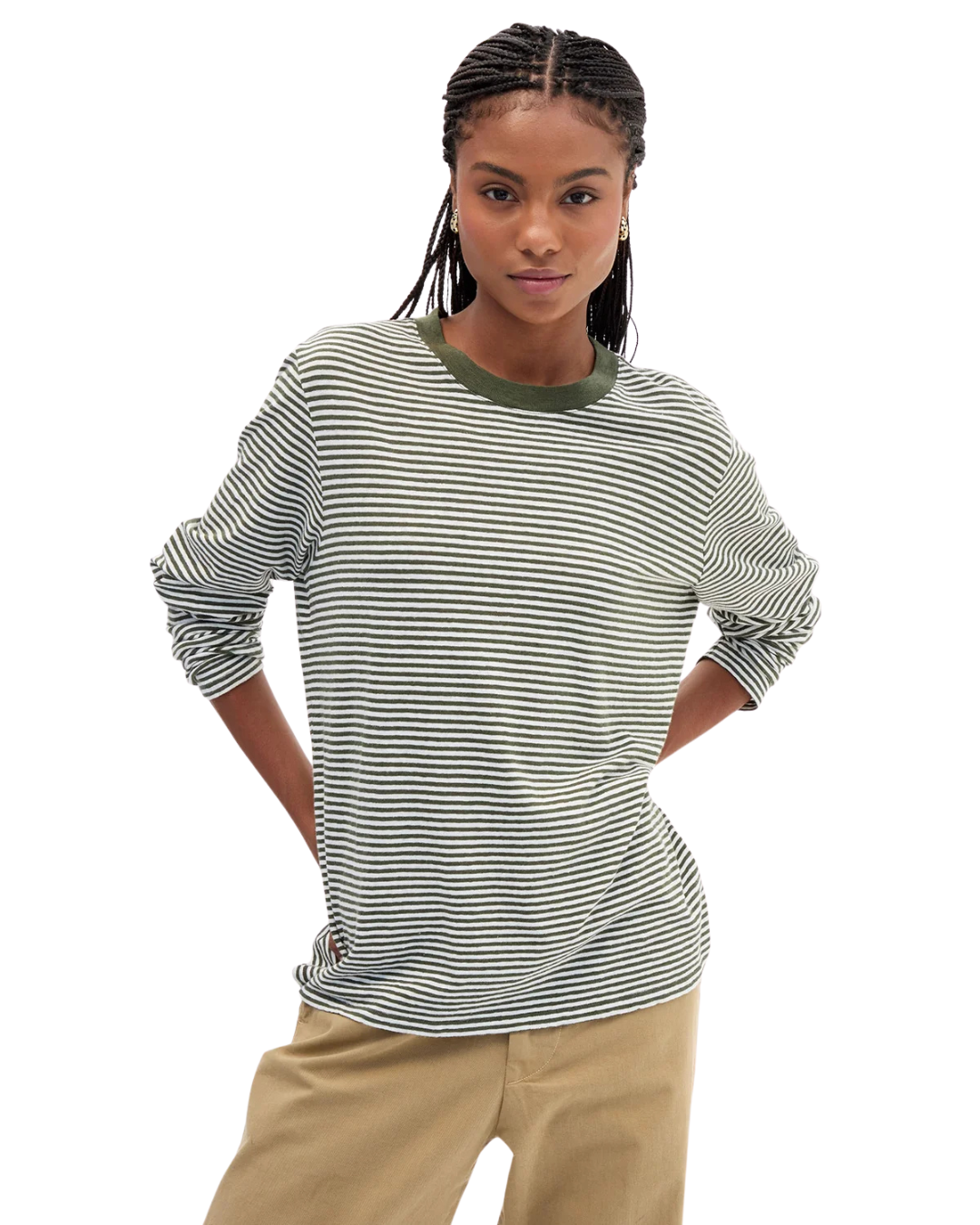 Long Sleeve Tee - Cotton/Linen Mini Stripe - Army/Cream