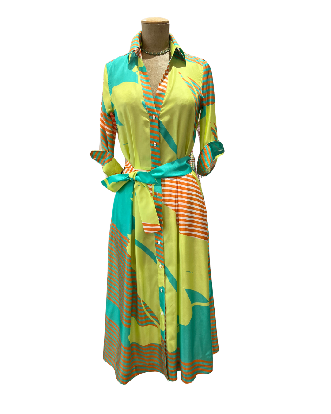 Silk Belted Shirt Dress - Orange/Green
