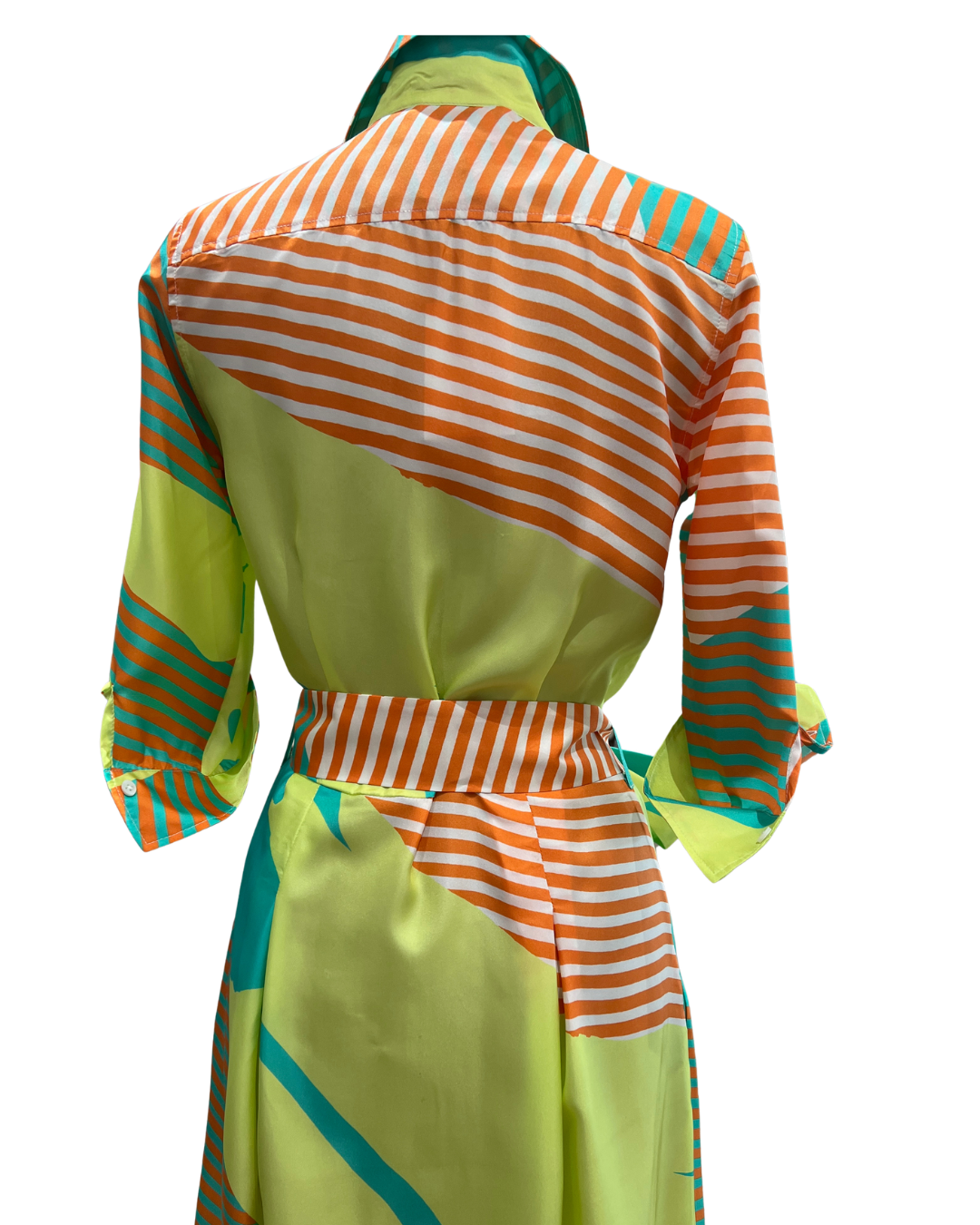 Silk Belted Shirt Dress - Orange/Green