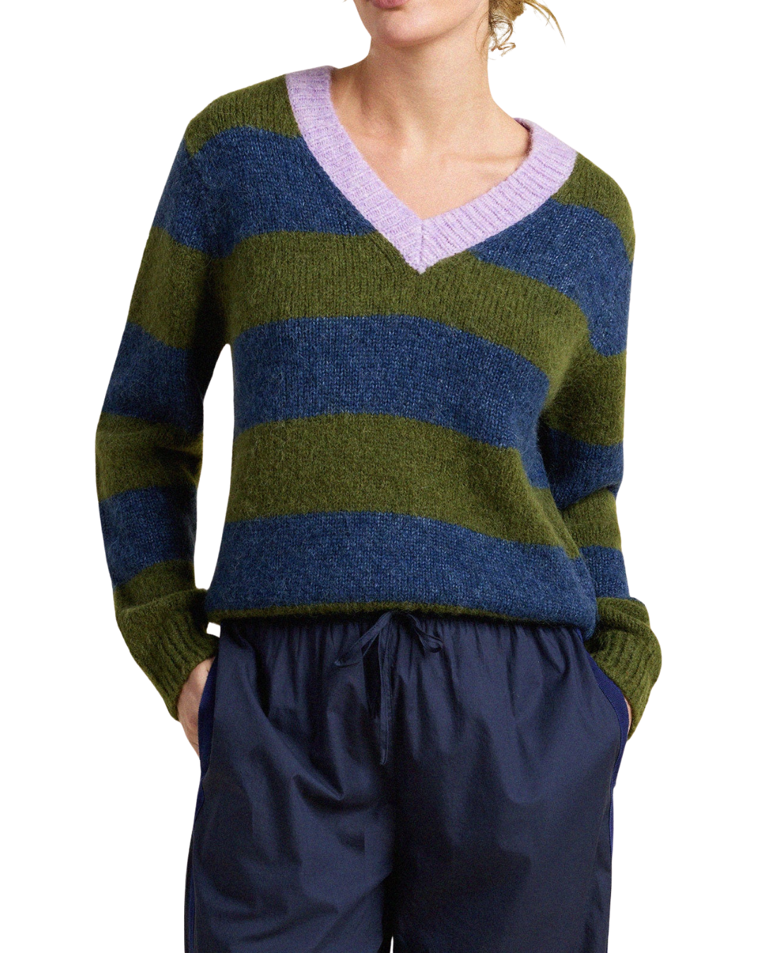 Chalet V-Neck Sweater - Olive Stripe