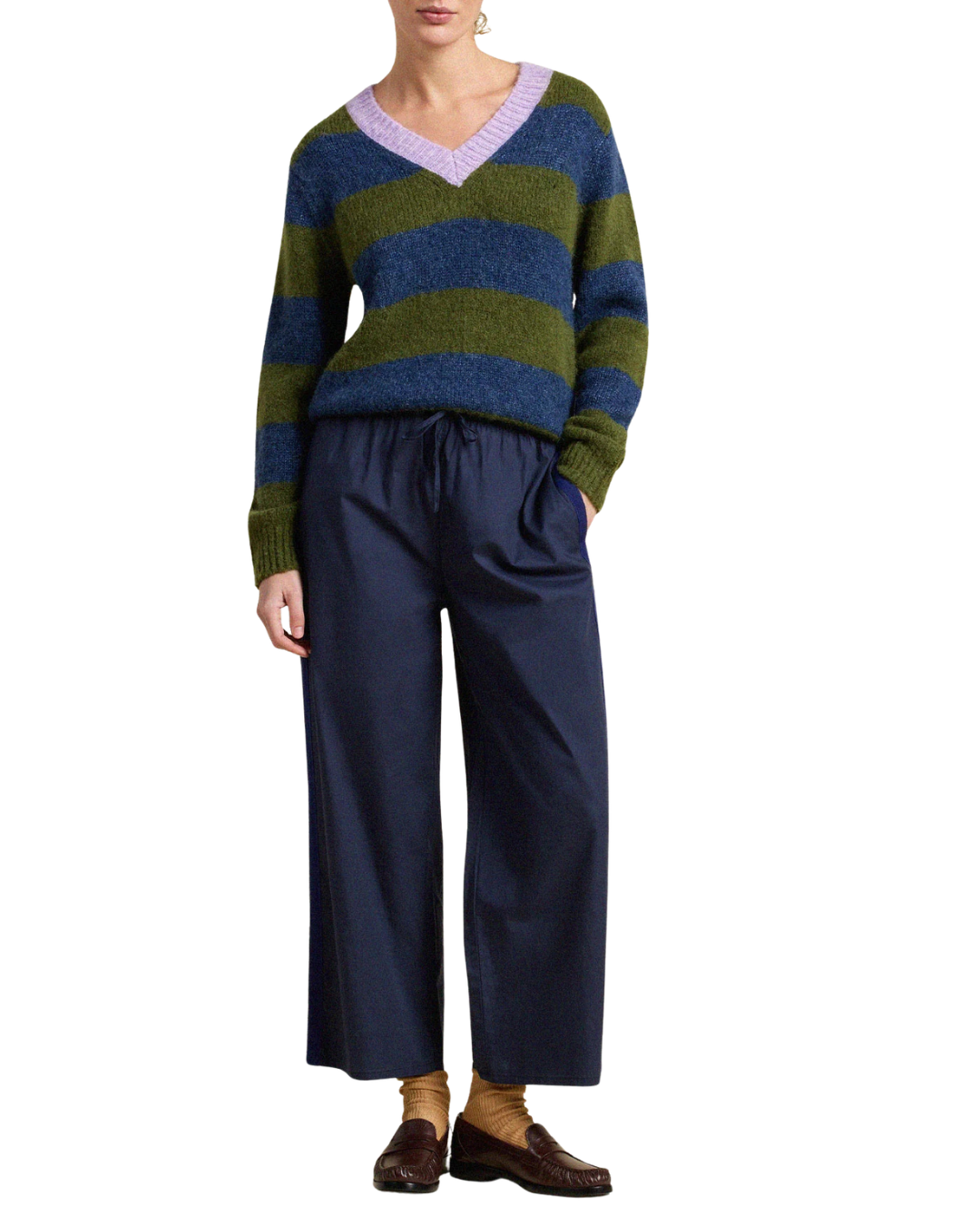 Chalet V-Neck Sweater - Olive Stripe