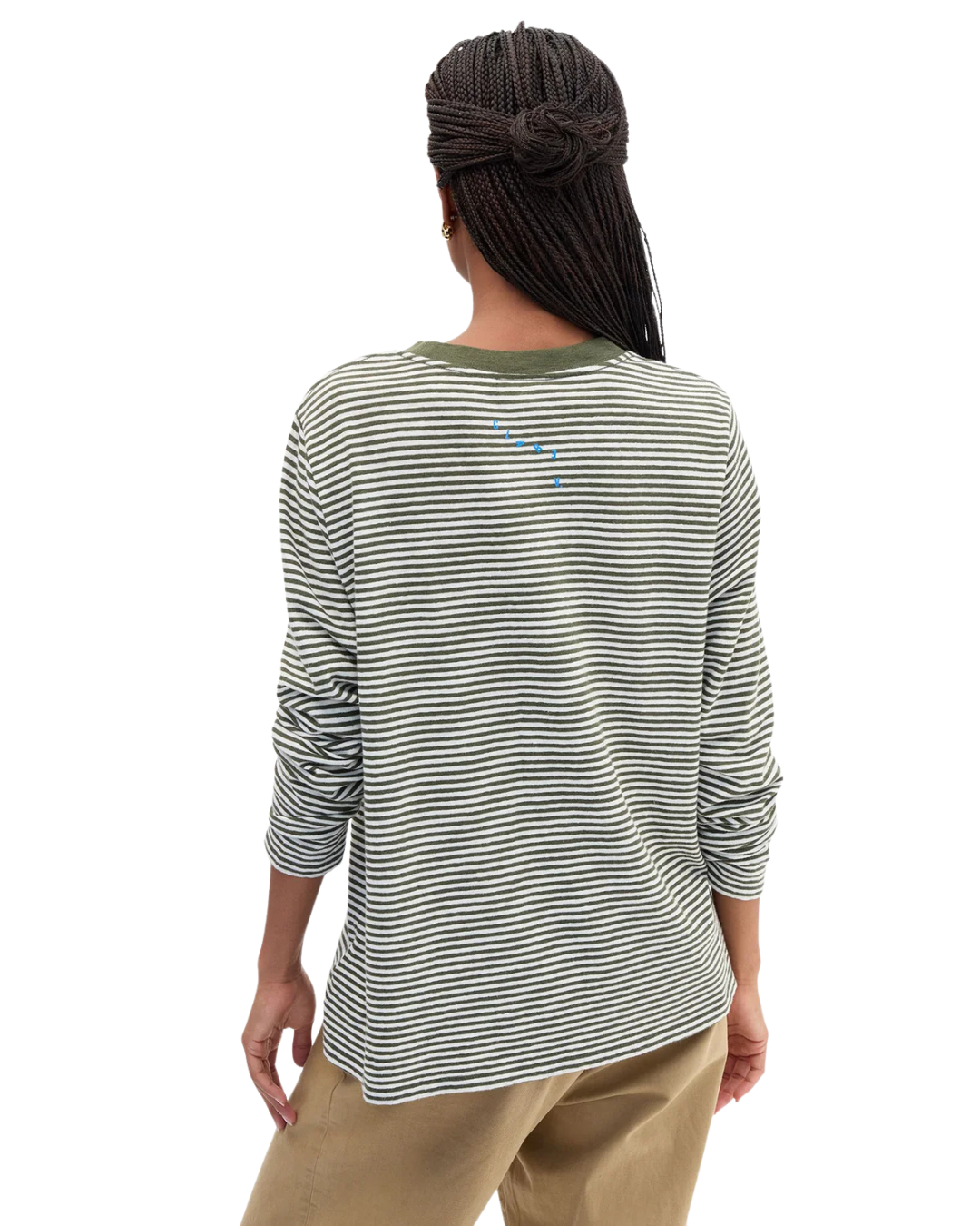 Long Sleeve Tee - Cotton/Linen Mini Stripe - Army/Cream