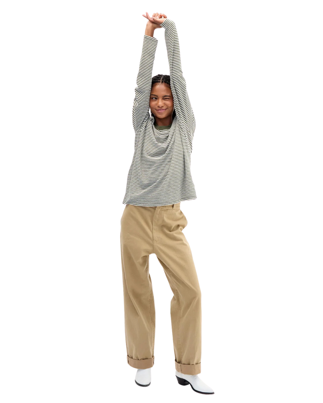 Long Sleeve Tee - Cotton/Linen Mini Stripe - Army/Cream