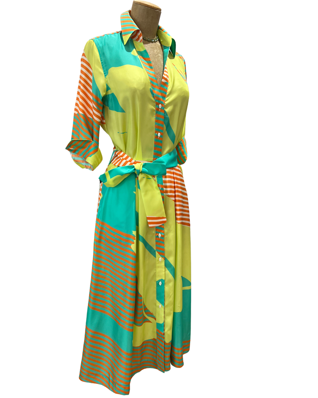 Silk Belted Shirt Dress - Orange/Green