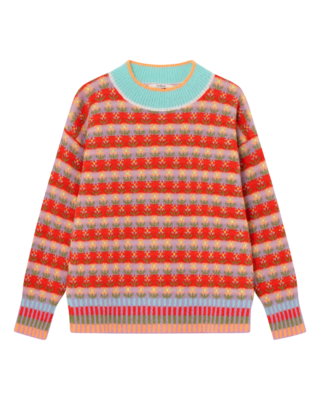 Flower Stripes Mock Neck Sweater - Red Multi - F5