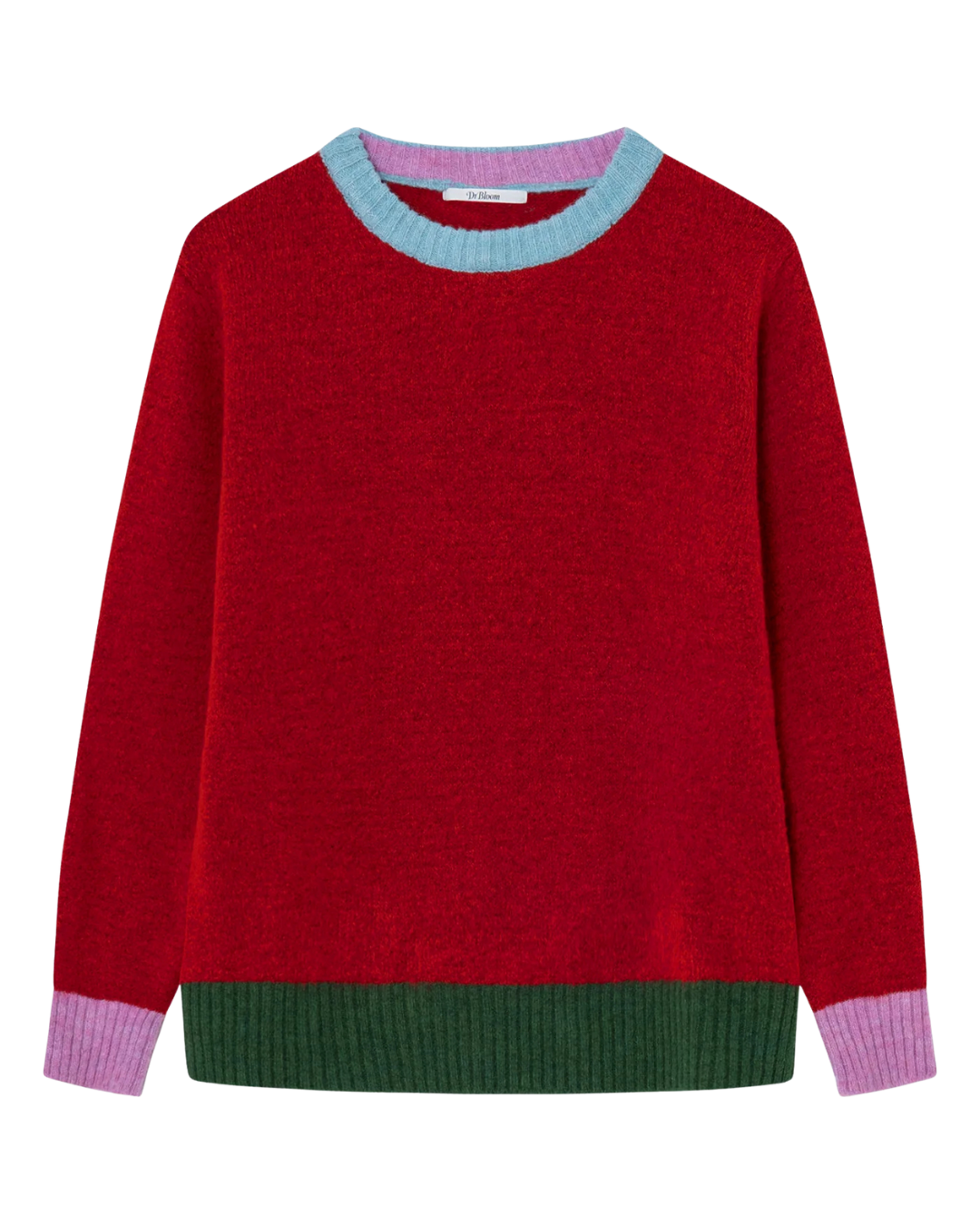Crew Neck Color Block Sweater - Red w/ Aqua & Green - F5