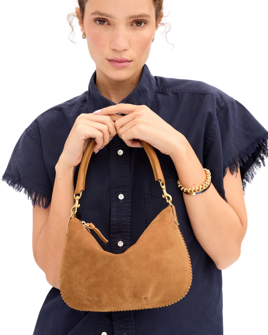 Petit Moyen Messenger - Suede w/ Whipstitch - Caramel