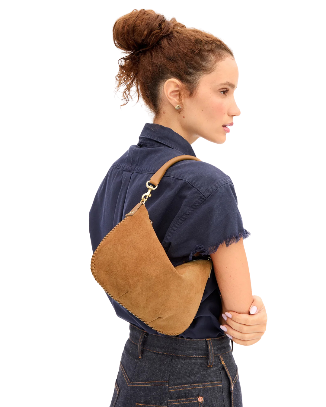 Petit Moyen Messenger - Suede w/ Whipstitch - Caramel