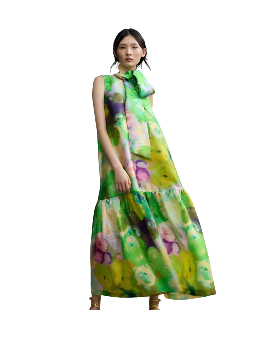 Bloomlight Print Sleeveless Long Dress with Tie Neck