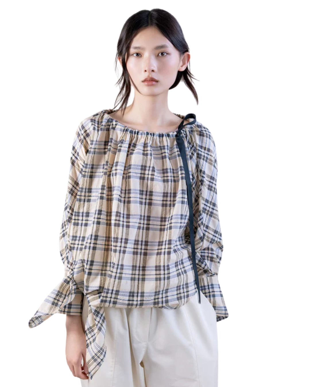Blouse w/ Tie and Ribbon - Plaid - S6