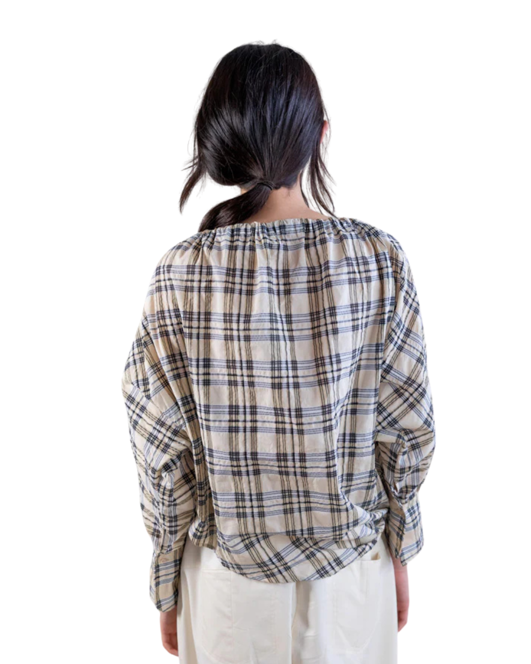 Blouse w/ Tie and Ribbon - Plaid - S6