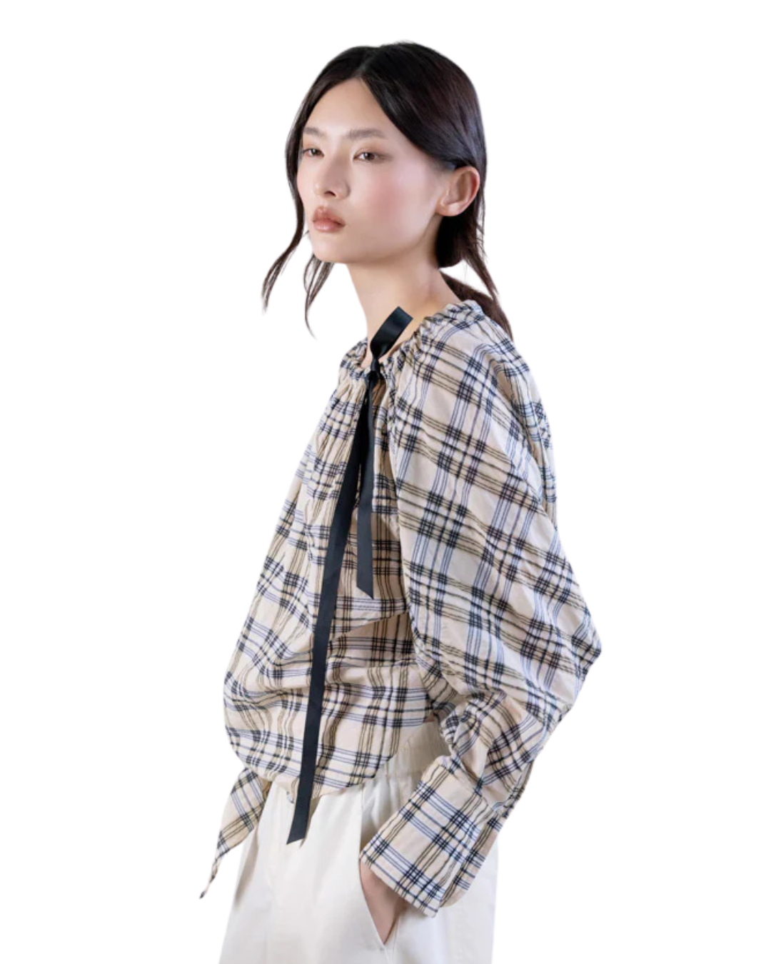 Blouse w/ Tie and Ribbon - Plaid - S6