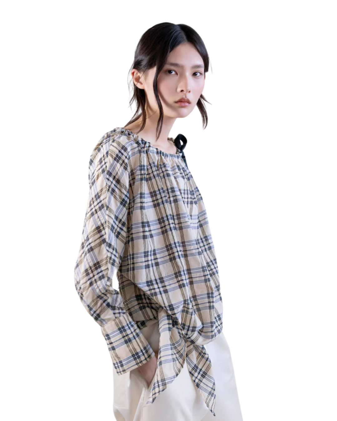Blouse w/ Tie and Ribbon - Plaid - S6